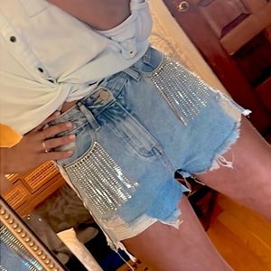 NWT! CIDER BOUTIQUE high waisted denim distressed shorts rhinestone fringe